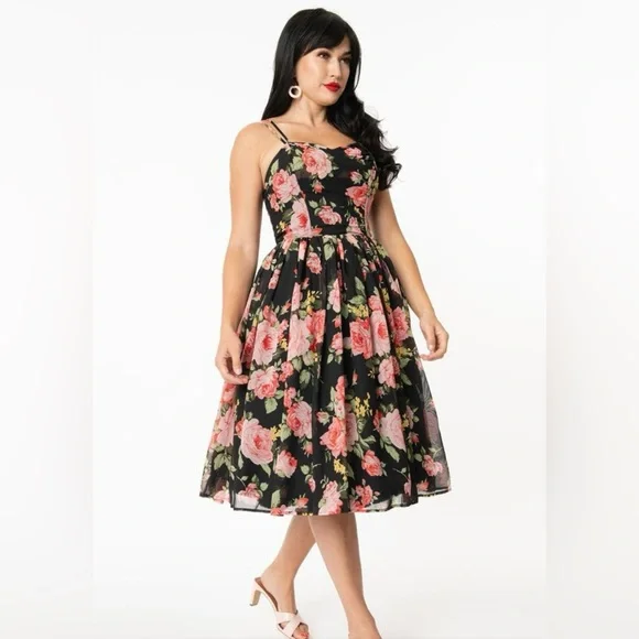 ❌SOLD❌🦋B2G1🦋UNIQUE VINTAGE Black & Pink Floral Reed Swing Dress NWT | MEDIUM | - Picture 2 of 13